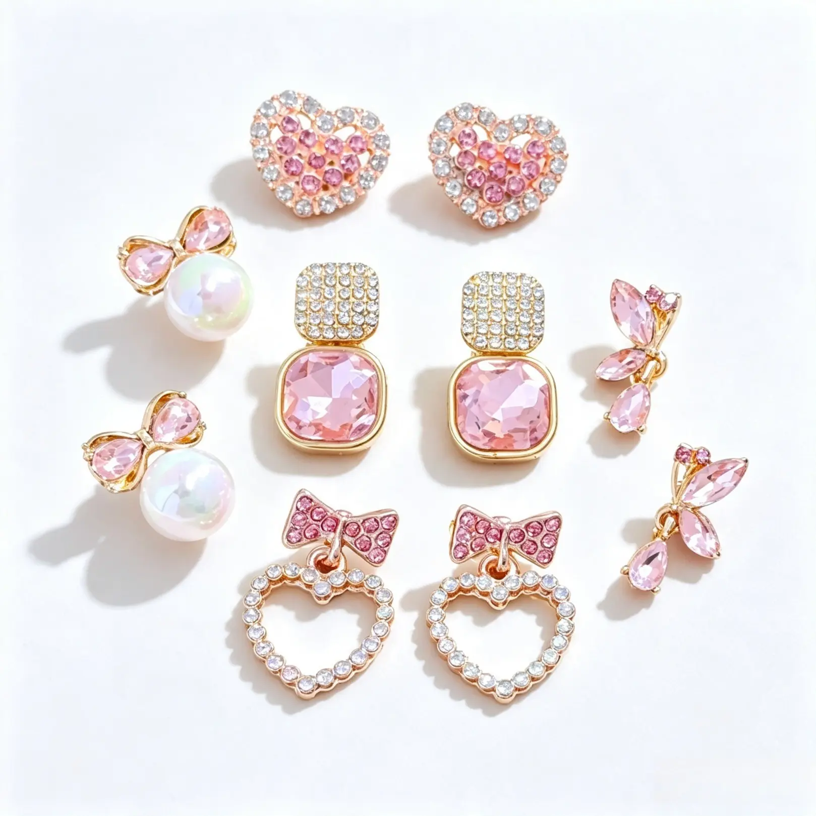 Mother’s Day Gift Elegant Pink Rhinestone Faux Pearl Earring Set, Dainty Heart Bow Shaped Stud Drop Earrings, Lightweight Fashion Jewelry For Women Daily Casual Dating Wedding Party Occasions