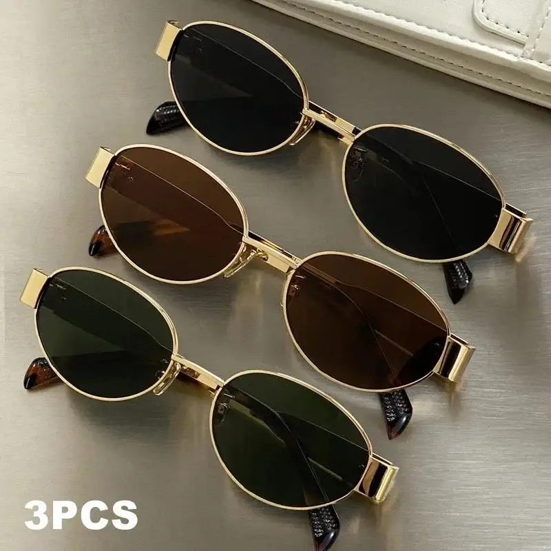 Women's Sunglasses 3-Pack, Stylish Oval Metal Statement Frame Glasses with Tinted Lenses for Daily & Beach Wear, Sunglasses For Women, Womens Sunglasses, Stylish Accessories