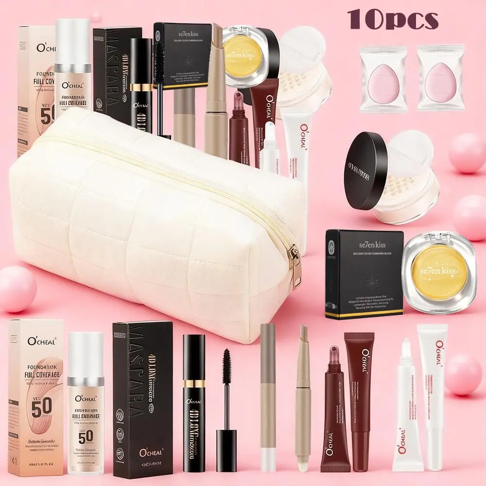 Valentine‘s Day Makeup Gift Set for Her, 10-Piece Romantic Face Makeup Set with Makeup Bag, Color Changing Blush, Foundation, Mascara, Lip Gloss & More, Complete Beauty Collection, Cosmetics Kit