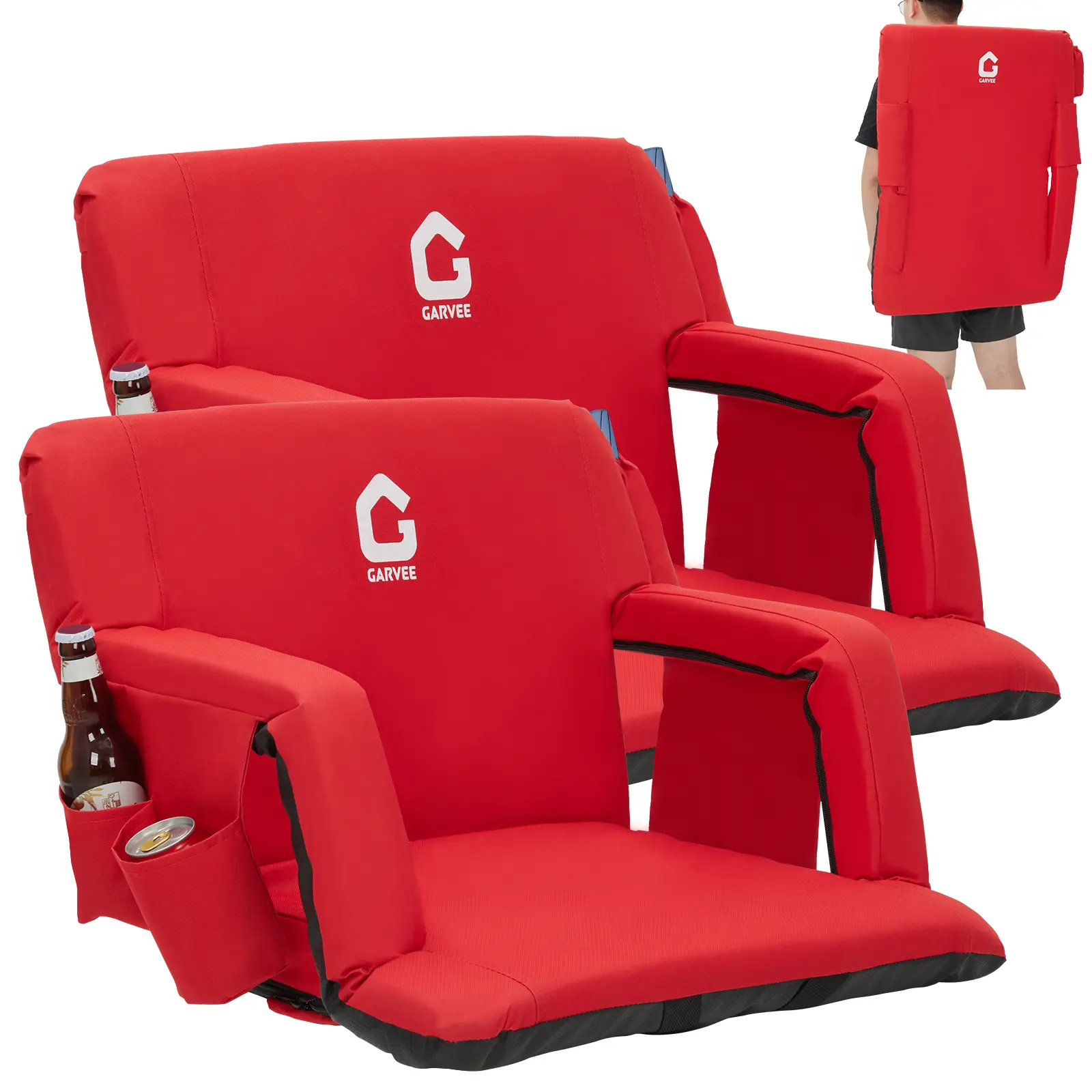 Wide Stadium Bleacher Seat Padded Cushion with 6 Recline Angles 2 Pack for Football Games, Cup Holder & Storage Pocket chair