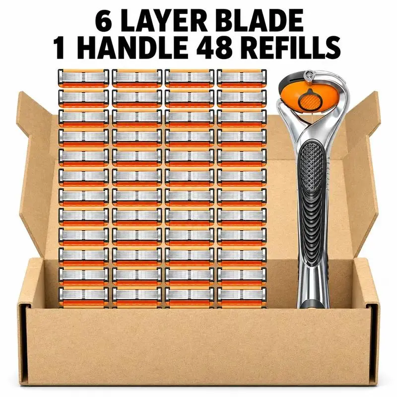 Men's Safety Razor with 6 Layer Blades, 1 Handle & 24/48 Refills Replacement Razor Blades, Manual Shaving Razor for Thick Beard Grooming, Comfortable Daily Face Shaver Kit Gift for Men