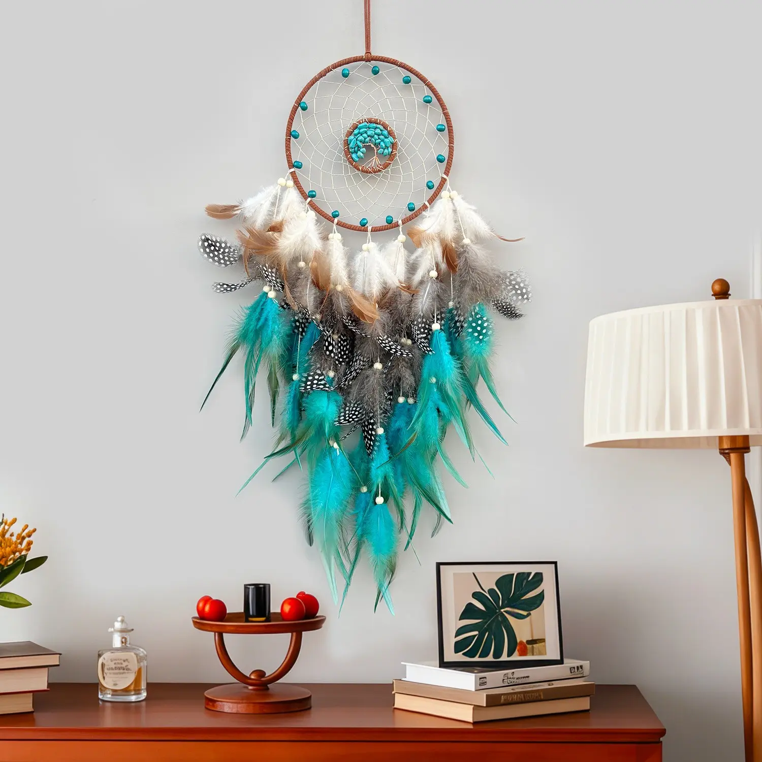 Bohemian Handwoven Life Tree Dreamcatcher, Natural Multicolor Feathers & Beads Wall Art, Vintage Indoor Decor, Unique Gift for Home Decor Lovers