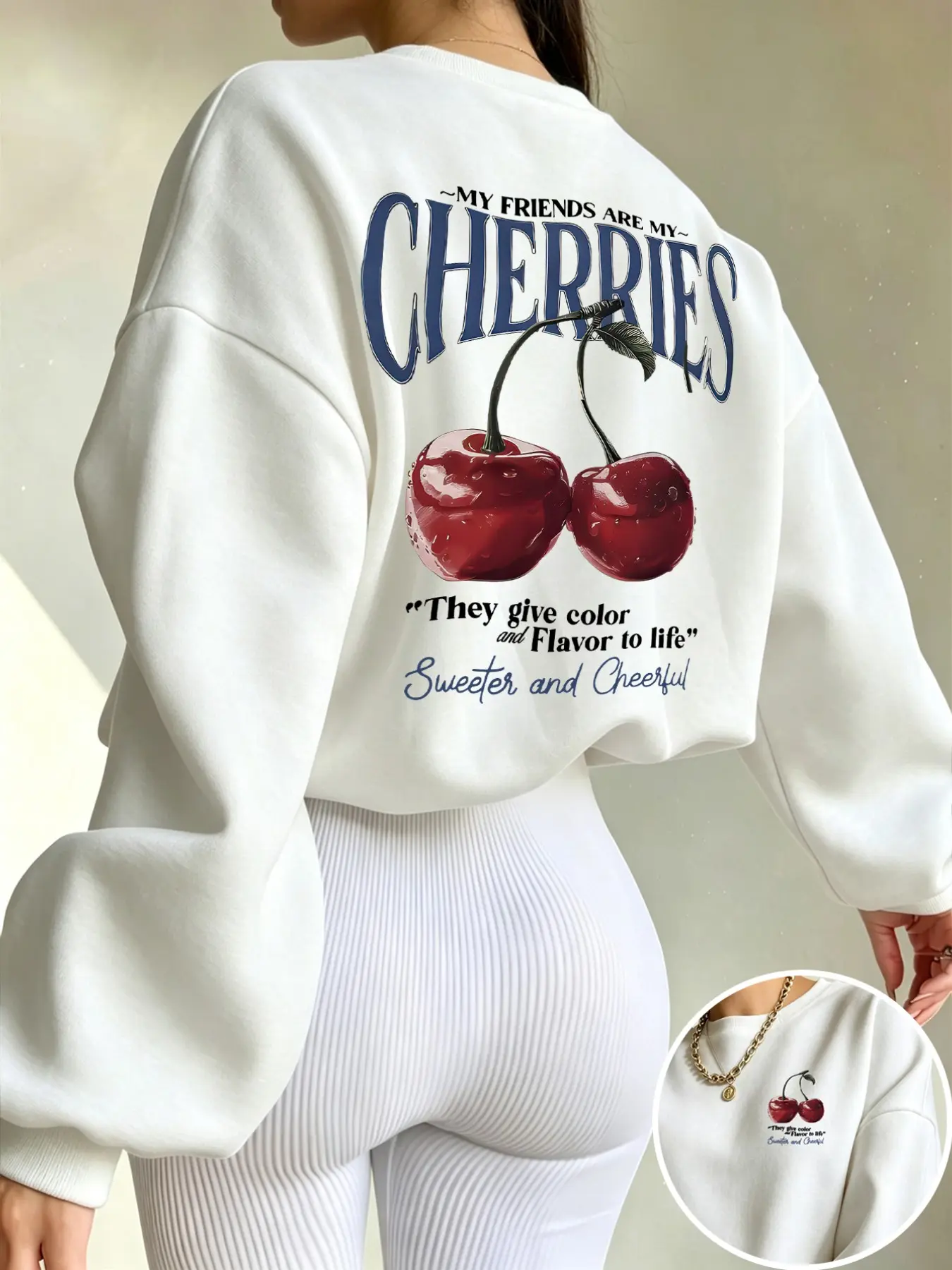 Spring Summer Women's Cherry Print Sweatshirt, Loose-Fit Long Sleeve Top, Casual Style, All Seasons Wear, Solid Color Design