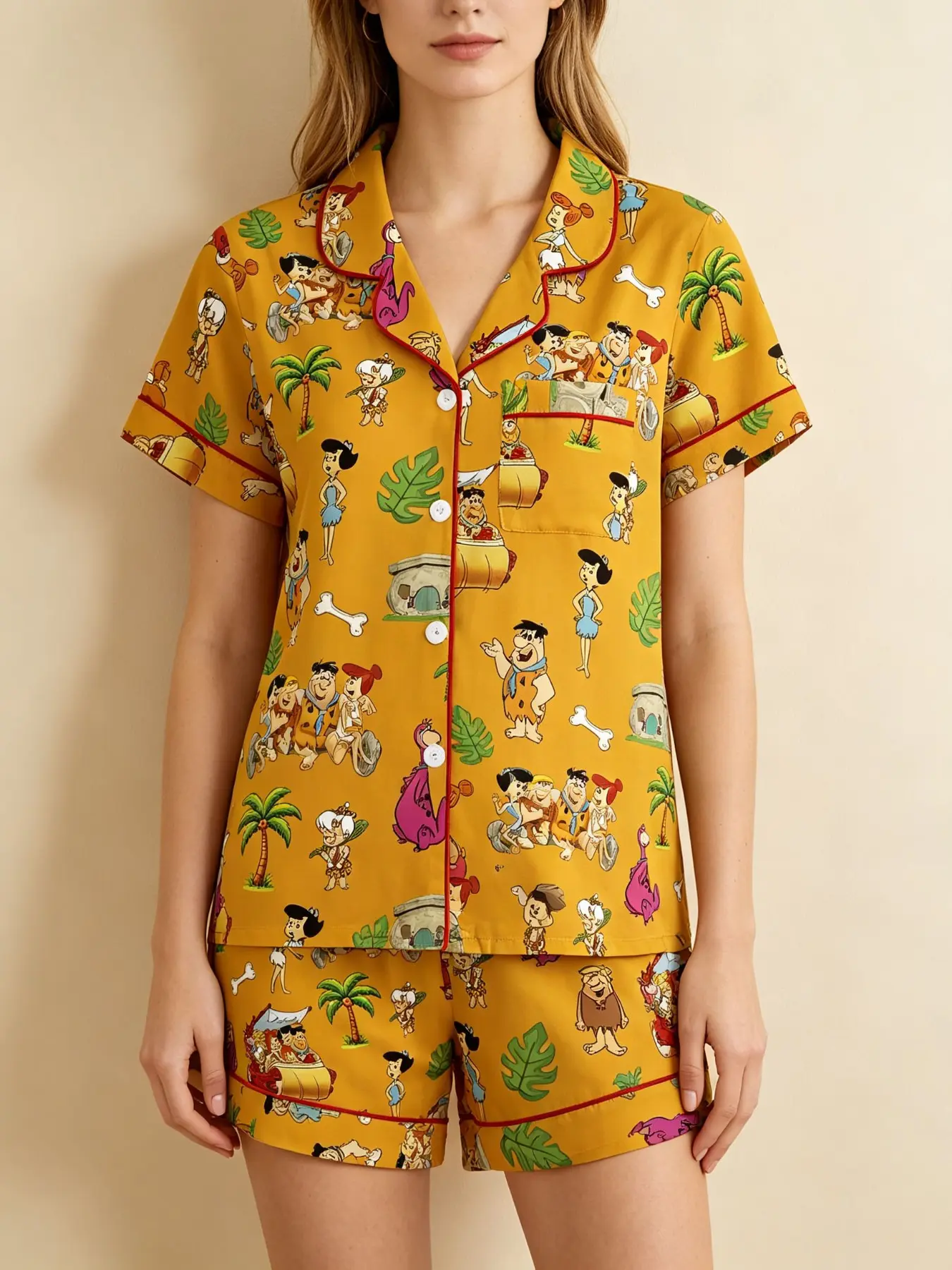 Vintage Modern Caveman Cartoon Print Women's Pajama Set, Comfortable Wear-Outside Sleepwear, Short Sleeve Button-Up Top and Elastic Shorts