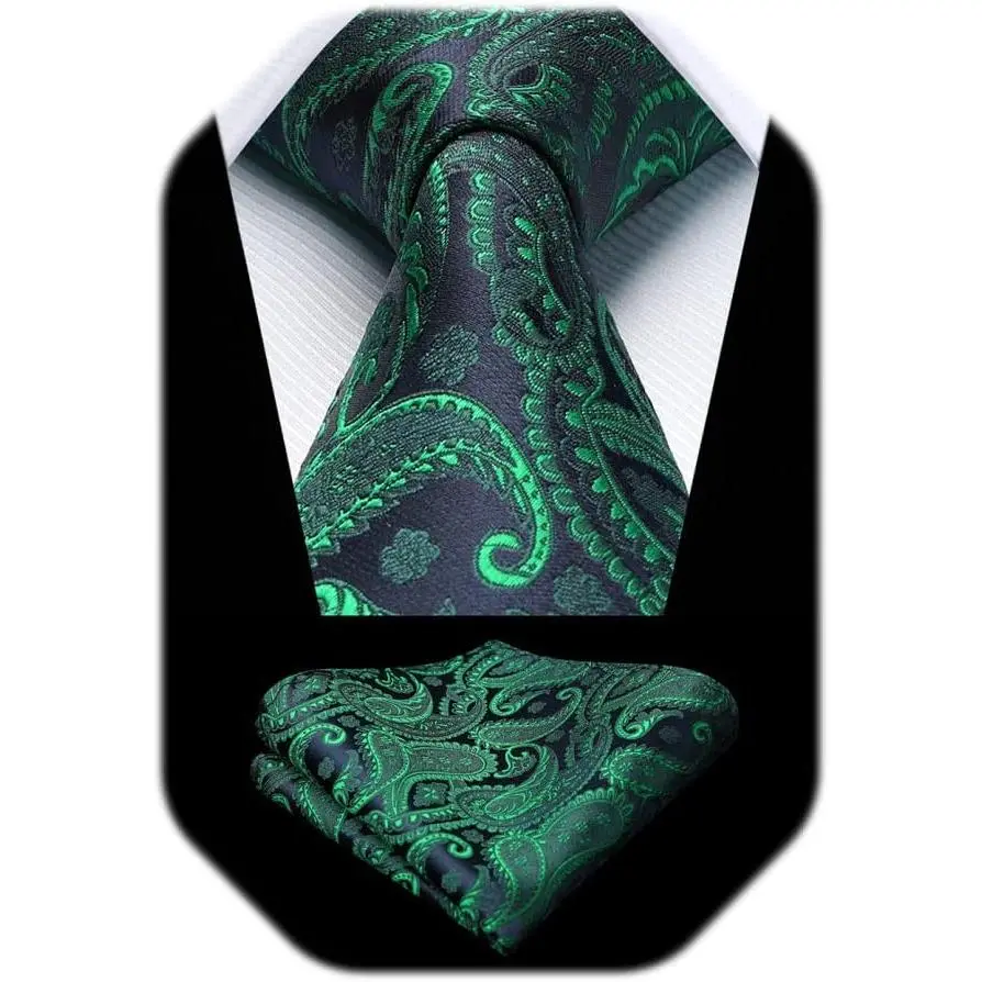 Green Tie Boys Necktie with Pocket Square Set Paisley Dark Green Ties for Boy Formal Forest Hunter Neck Strap Youth Tie for Kids Party School