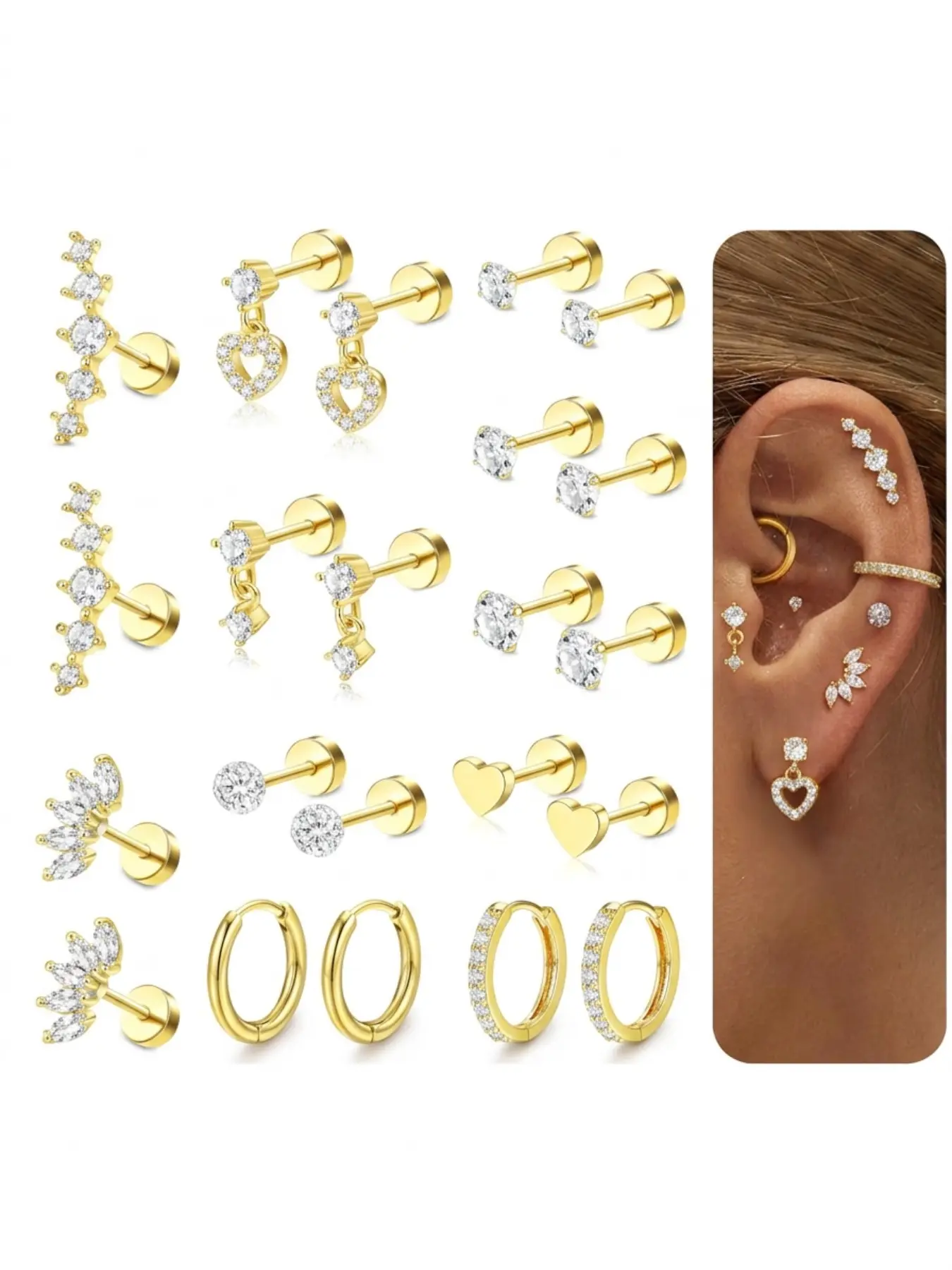 Hypoallergenic Flat Back Earrings for Women Cartilage Earings Stacks-2oG Surgical Stainless Steel Flatback Stud Hoop Earring Set Daith Conch Tragus Helix Piercing Jewelry