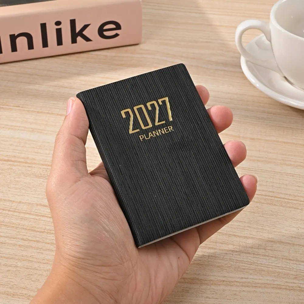 1 A7-sized 2027 English planner, 64 sheets 128-page thin weekly notebook, 365-day daily planner, A7 mini portable pocket schedule book, PU leather small notebook, Weekly planner pad (red, black)