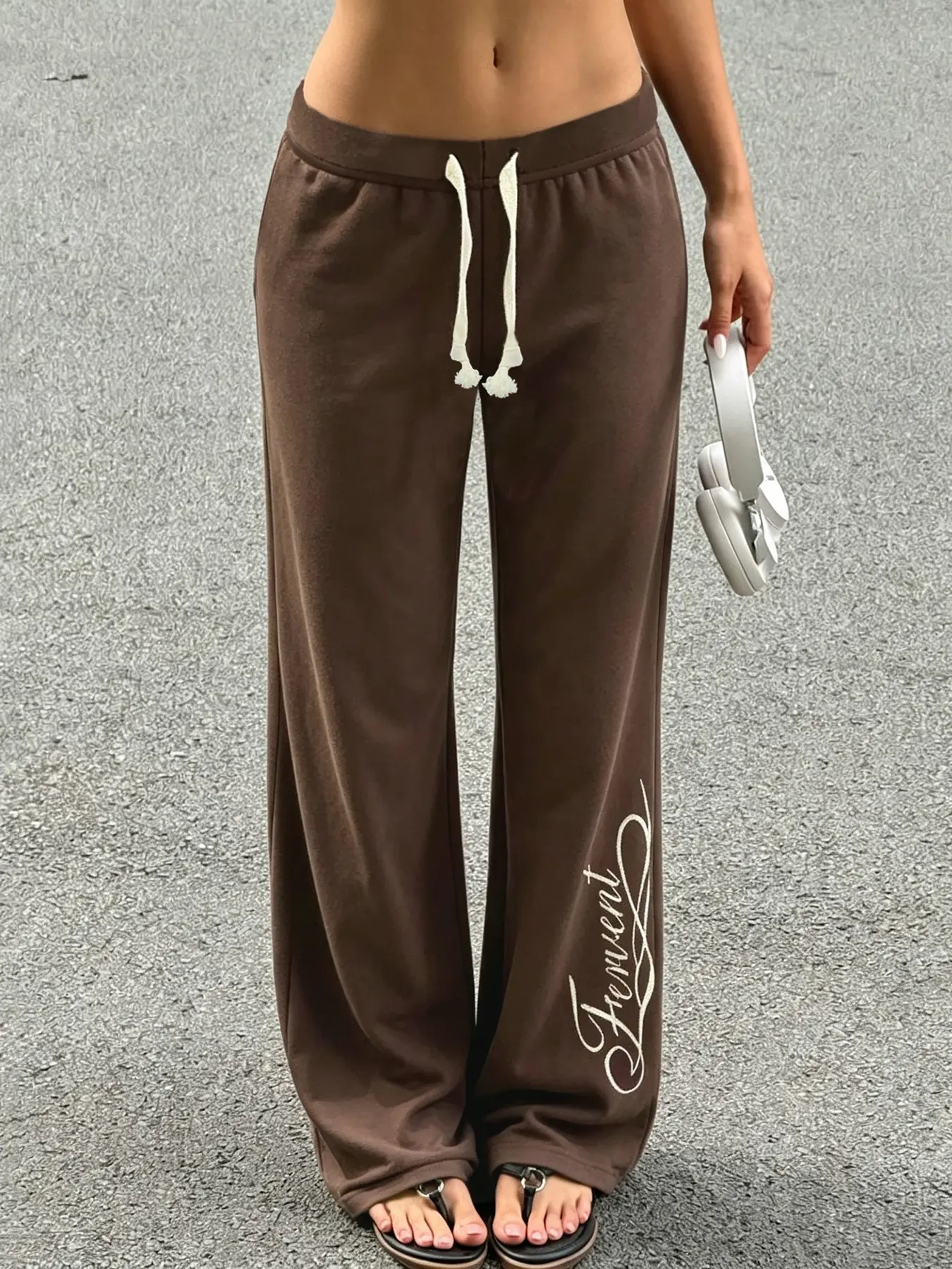 Women's American Style Letter Print Knit Casual Trousers, Streetwear Drawstring Low Waist Sweatpants, Comfortable Stylish Daily Y2K Bottoms
