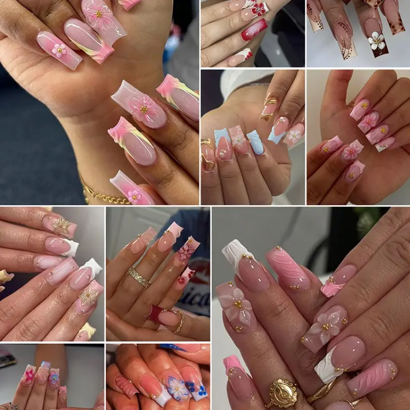 240pcs Multicolor Flower Press-On Nails, Long Square Shape, Gold Bead Design, DIY Nails, Perfect for Daily Use, Parties, and Events