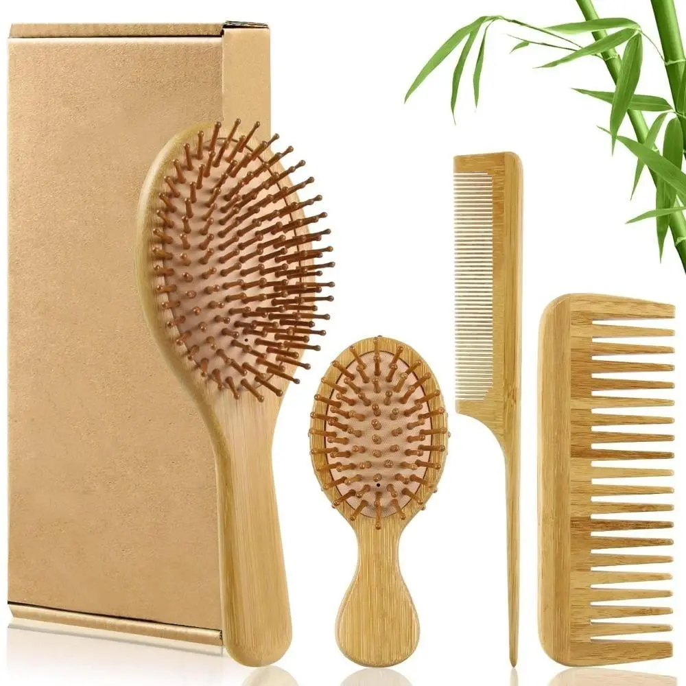 Eco-Friendly Natural Bamboo 4-Piece Hair Tool Set - Ergonomic Wide Tooth Detangler, Scalp Massager, Double-Sided Flat Tool, Rat Tail Styler, Anti-Static Durable Daily Grooming Essentials