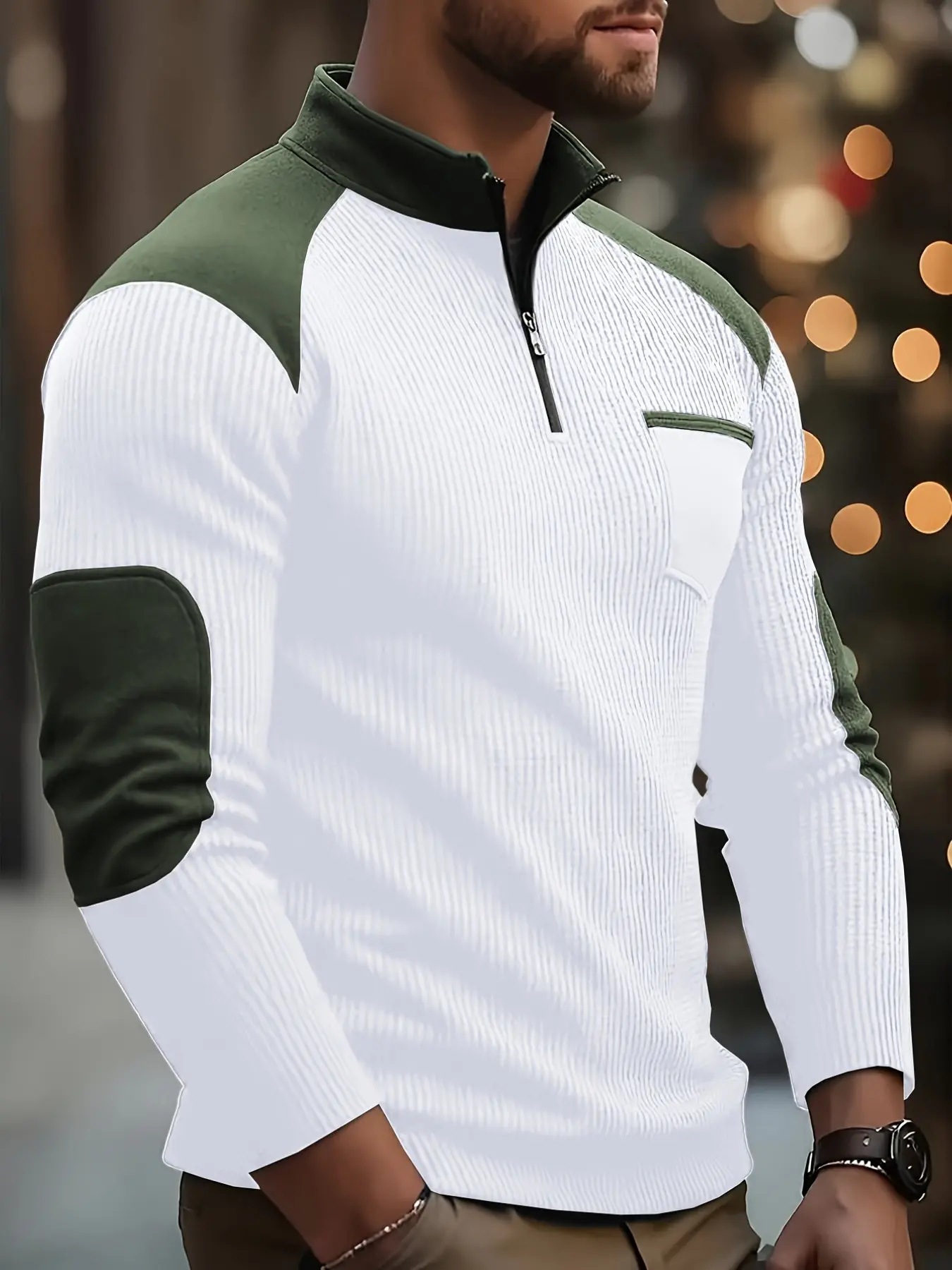 Men's Fall Winter Half-Zip Stand Collar Sweatshirt, Colorblock Design, Casual Sporty Long Sleeve Top, Loose Fit, Plain Pattern