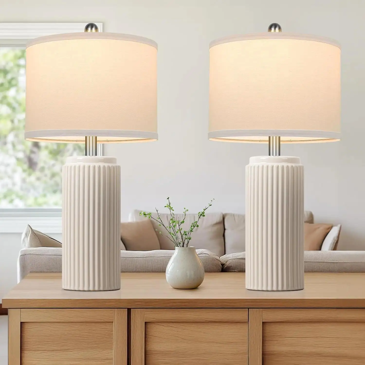 23.5’’ Modern Ceramic Table Lamps, Mother's Day Gift Farmhouse Vintage Bedside Table Lamps with White Linen Shade, Rustic Bedroom Ceramic Lamps for Nightstand Home Office End Table Dorm