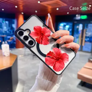Phone Case - Tropical Red Hibiscus Blossoms with Vibrant Natural Charm Black Border Magnetic Phone Case, Anti-Yellowing, Slim Lightweight & Bare Feel, Luxury Premium Design for Samsung Galaxy S22 S23Fe S24 S25 Plus Ultra