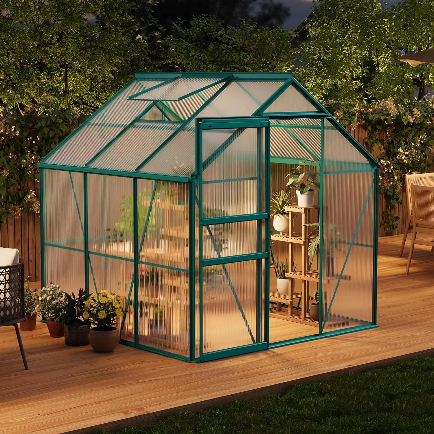 6x6 FT Heavy Duty Polycarbonate Outdoor Greenhouse – Sturdy Aluminum Frame, Sliding Door, Adjustable Roof Vent, Rain Gutter, Walk-In Design, Ideal for Year-Round Patio, Backyard, Winter Gardening