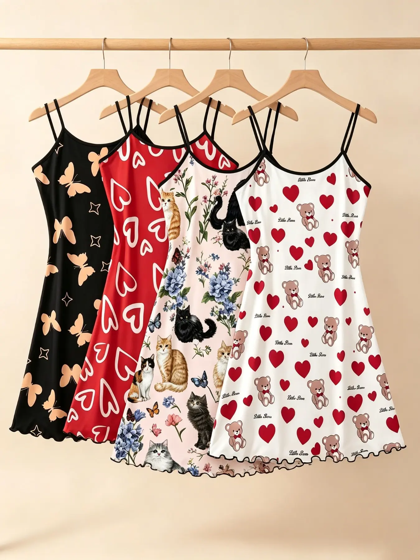 Women's Sleepwear, Babydoll Sleepwear, 4 Piece Bundle Kawaii Aesthetic Butterfly Heart Print Summer Y2K Soft Girl Style Spaghetti Strap Lettuce Ruffle Hem Contrast Trim Silky Soft Breathable Lightweight Cami Nightdress Home Sleepover Casual Lounge Wear