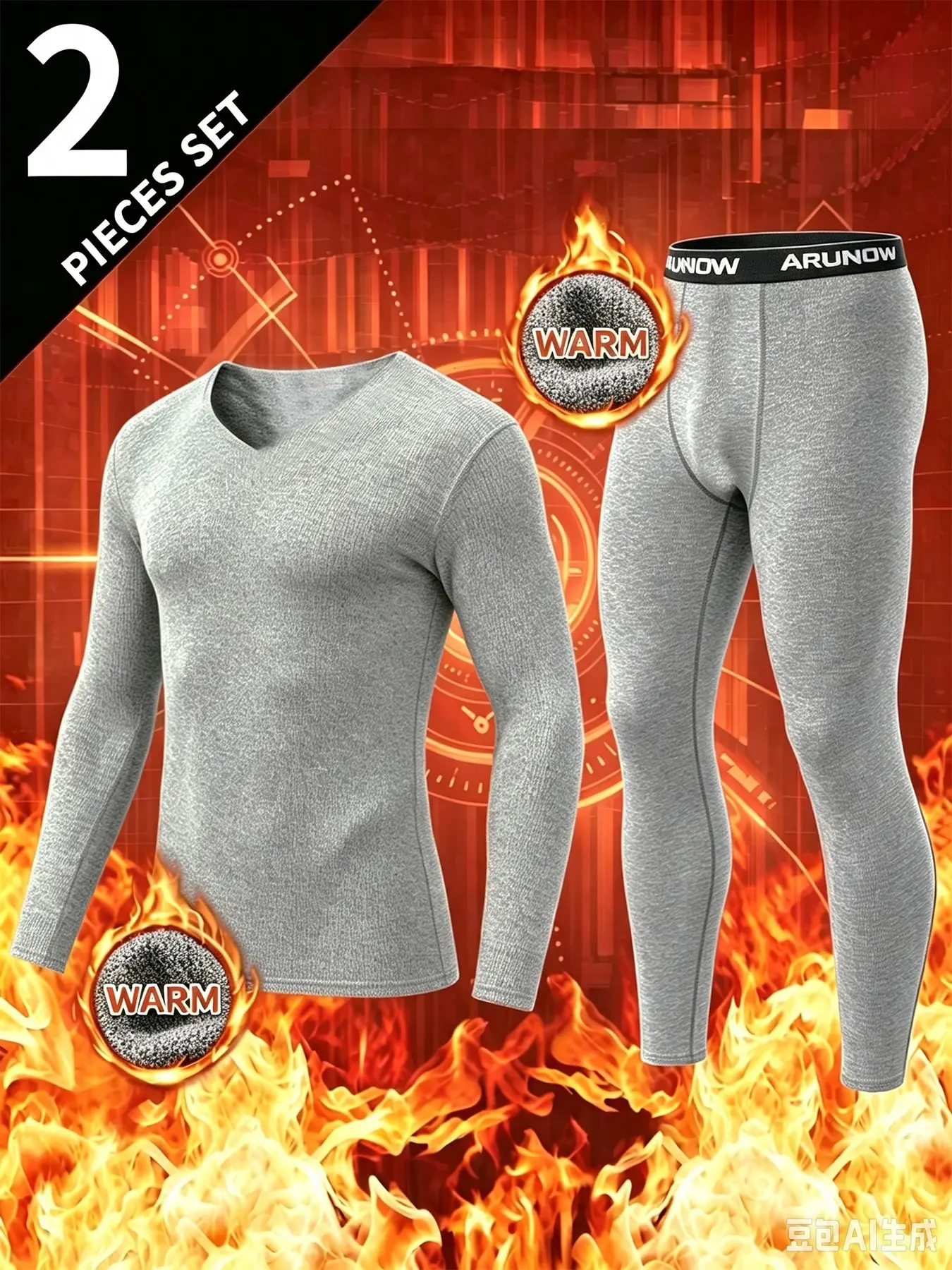 Men V-Neck Fleece Thermal Underwear Set High Elastic Warm Long Johns Top And Pants Soft Base Layer Thermal Suit For Winter Daily Workout