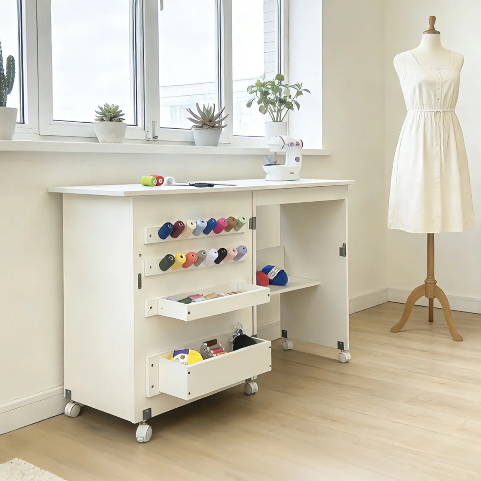 Folding Sewing Table, Multipurpose Sewing Machine Table with Compact Design, Portable Craft Station & Side Desk with Lockable Wheels, Storage Shelves, Storage Trays, Wooden Pegs, Magnetic Locks