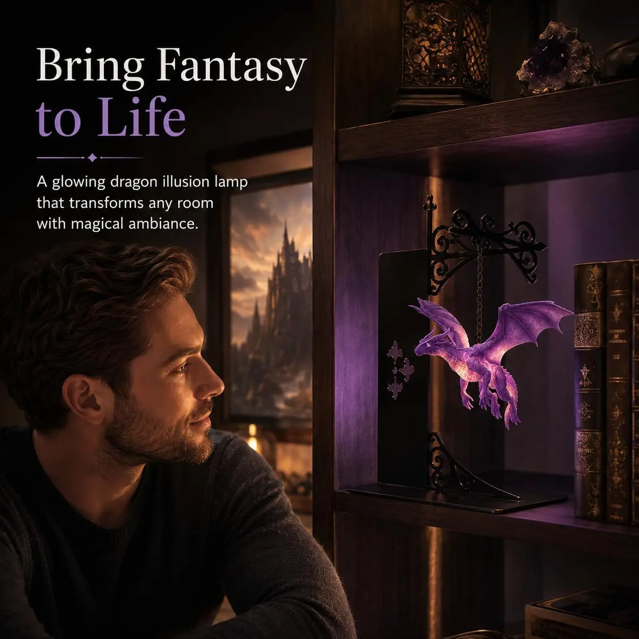 Floating Dragon Bookshelf Lamp, Hanging Purple Glowing Dragon Ambient Light with Vintage Metal Stand, Fantasy Decor Night Light for Desk Reading Nook Bedroom, Unique Gift for Book Lovers Gamers Dragon Enthusiasts