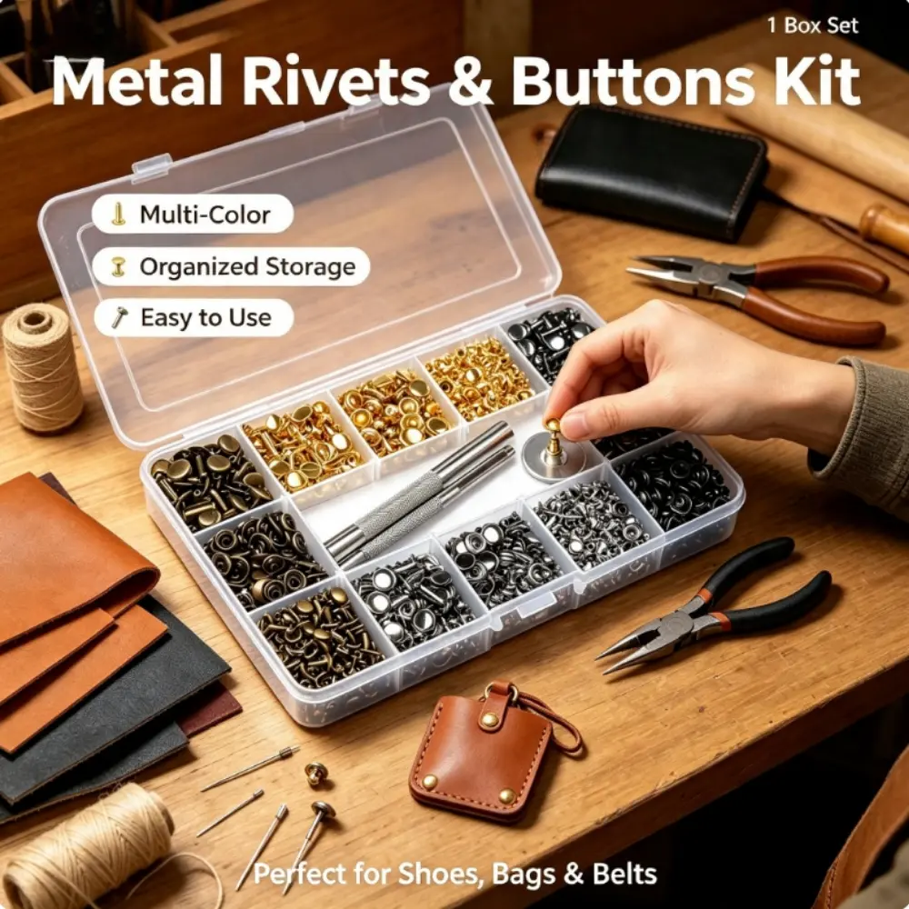 180pcs Double Cap Metal Rivet Kit in 4 colors & 3 sizes, for decoration & reinforcement on clothes, shoes, hats and leather bags. Comes with punching tools & storage case, essential hardware for leather crafts