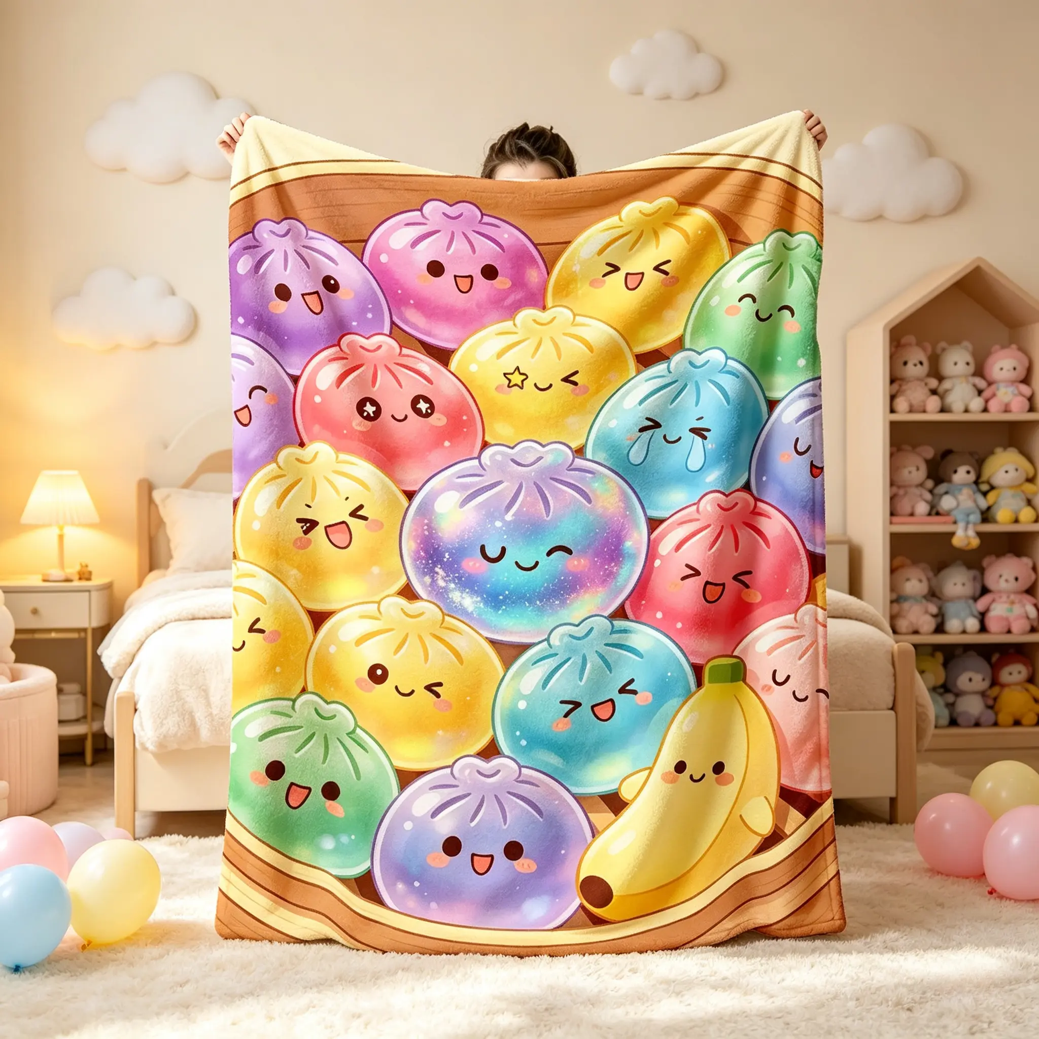Cartoon Color Crystal Dumpling Banana Squishy Steamer Printed Flannel Throw Blanket, Anti-Pilling Single-Piece Soft Lightweight Multi-Size, All-Season Indoor/Outdoor Machine-Washable Decor for Sofa, Camping, Ideal Holiday Gift