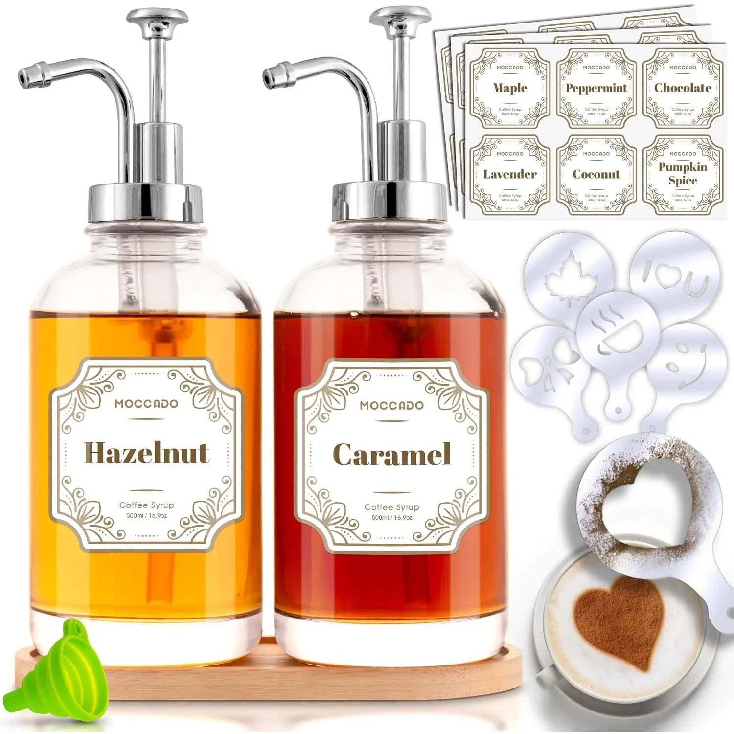 2-Pack 16.9 oz (500 ml) Clear Glass Coffee Syrup Dispenser Set with Pumps, Labels & Funnel, Refillable Syrup Bottles for Coffee Bar, Home Café, Vanilla, Caramel & Drink Station Accessories