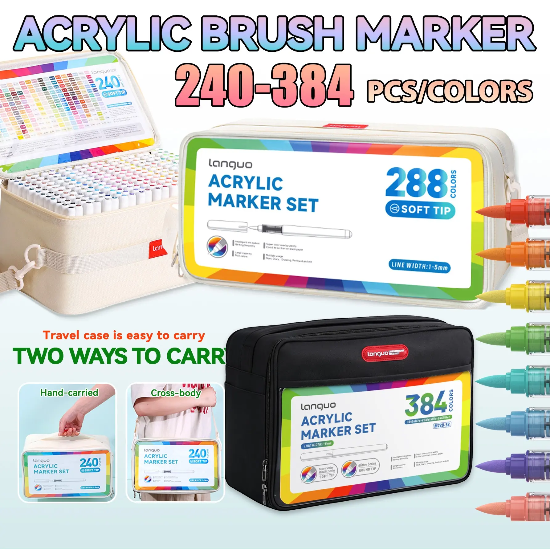 Languo Acrylic Marker Set 240/288/384 Colors, Soft Tip, Ink Refillable, Layering, Non-See-Through, Soft Tip Precision, Art Supplies, Back-To-School Gift