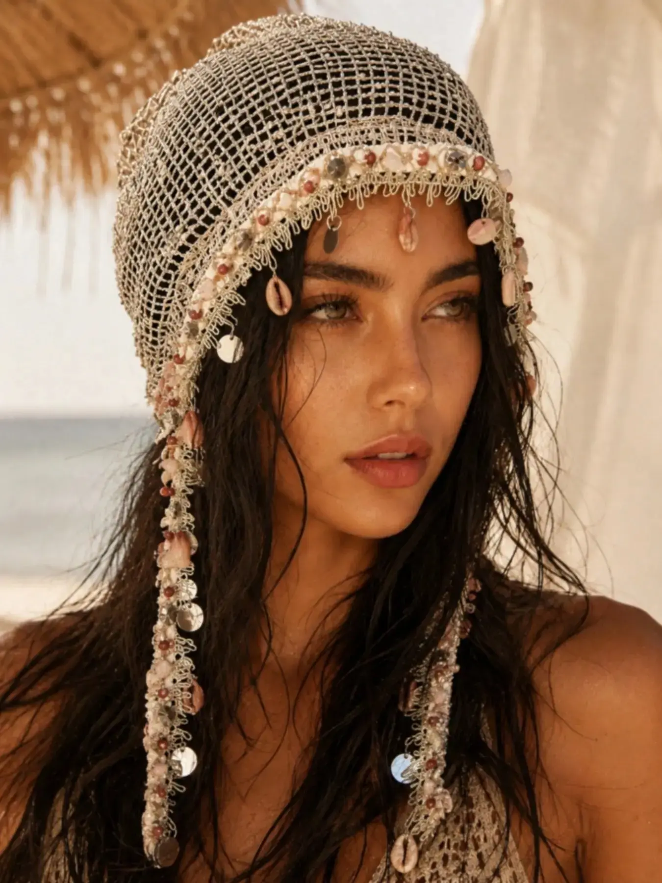 Bohemian Crochet Hollow Out Beanie Cap for Women Shell Tassel Fringe Knitted Hair Net Beach Vacation Festival Rave Headwear