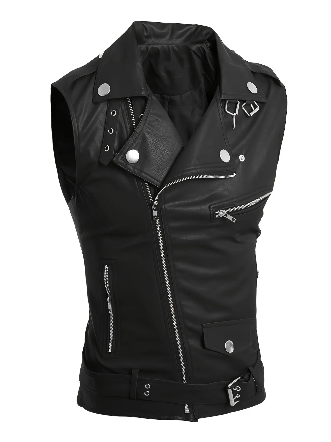 Men's Classic Multi-Zip PU Leather Vest Gilet, Tie-Strap Design, Lapel Neckline, Casual Streetwear Motorcycle Short Sleeve Jacket, No-Sleeve Outerwear