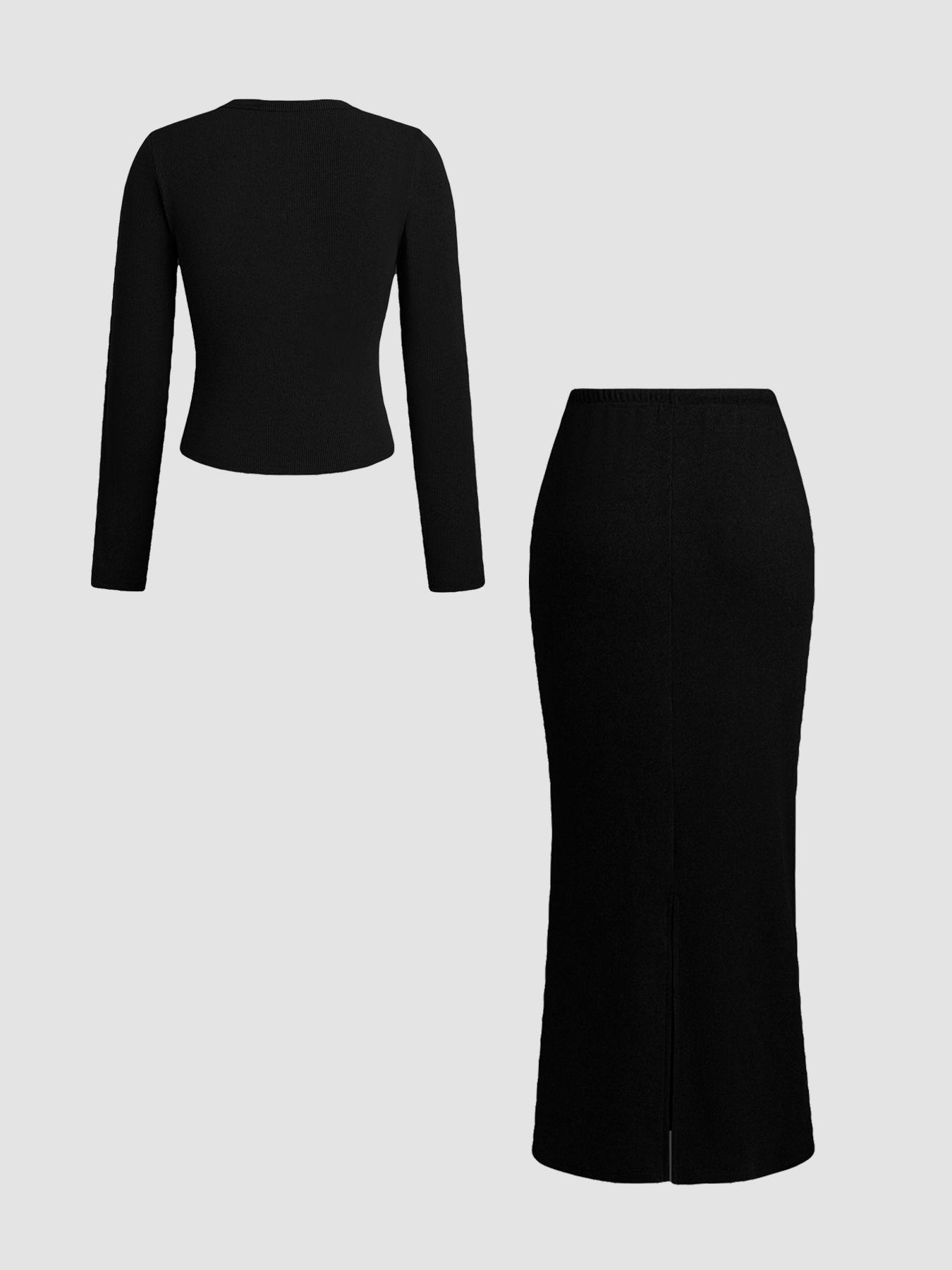 Two-piece Set Women's Solid Color Button Front Long Sleeve Top & Skirt, Elegant Fashion Casual Outfits for Daily Outdoor Wear, Women Clothing for Spring & Fall, Suits