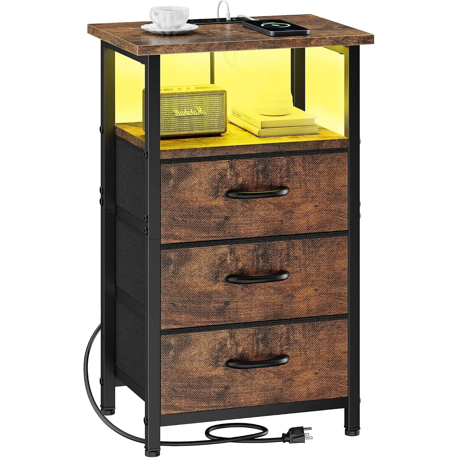 Night Stand with  Station, LED Nightstand for Bedroom, Bedside Table with 3 Fabric Drawers, End Table Side Table with USB Ports and Outlets, Bed Side Table for Bedroom, Rustic Brown