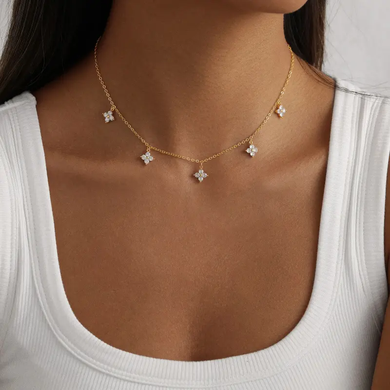 14K Gold Plated 5 CZ Four Leaf Clover Drop Necklace for Women, Dainty Sparkling Cubic Zirconia Floral Charm Collarbone Chain, Elegant Floating Flower Choker Jewelry, Sentimental Birthday Anniversary Valentine Gift for Her