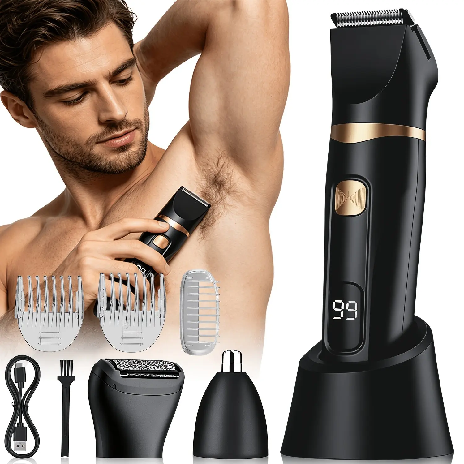 Men's Multifunctional Body Hair Trimmer, USB Rechargeable, 70 Min Runtime, Detachable Heads, Waterproof, Full-Body Groomer