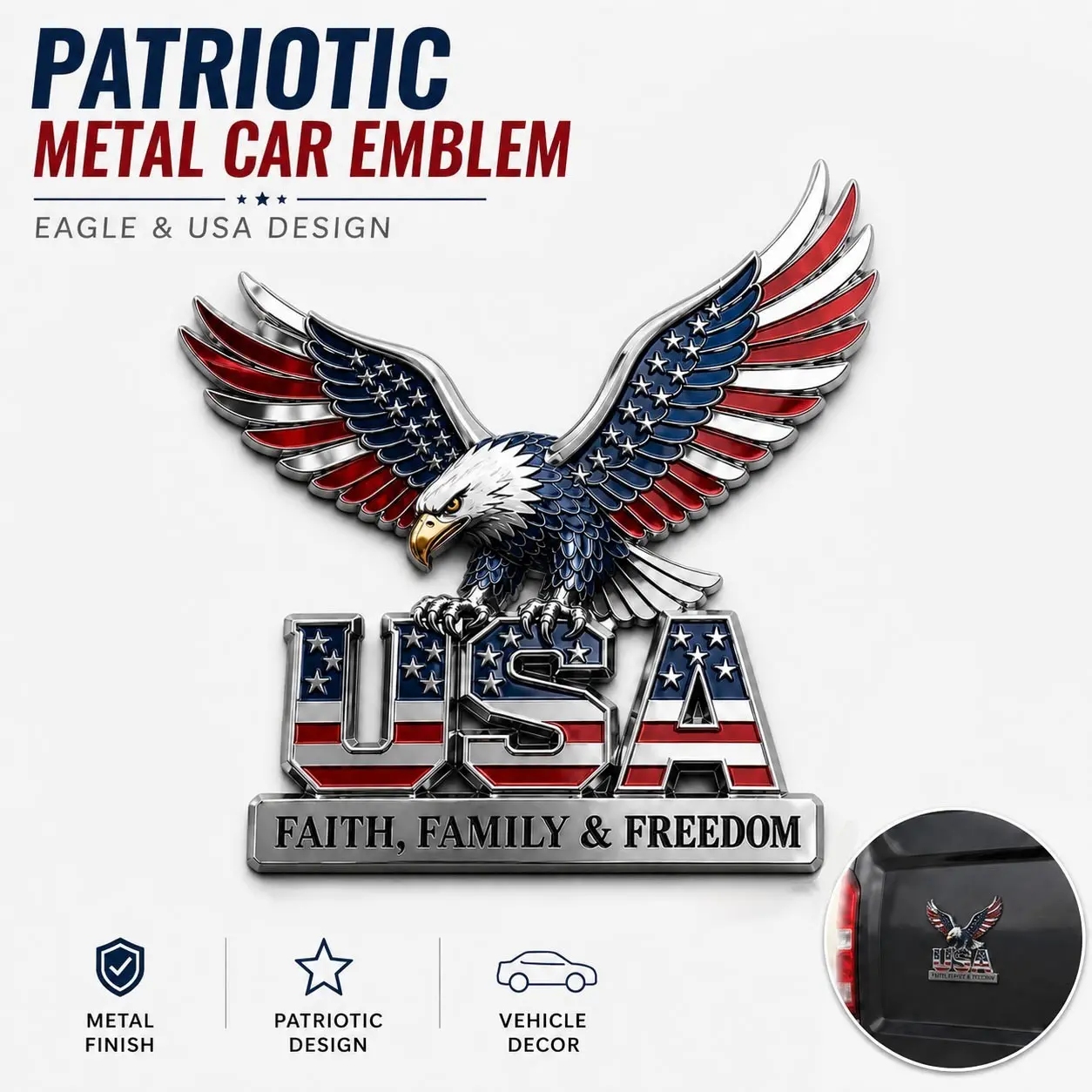 1/2 PCS Patriotic Metal Car Emblem, USA Faith Family & Freedom Metal Emblem, Eagle & Usa Letters Design, 250th Anniversary & Blue Flag Decal for Cars, Trucks, Suvs, Motorcycles