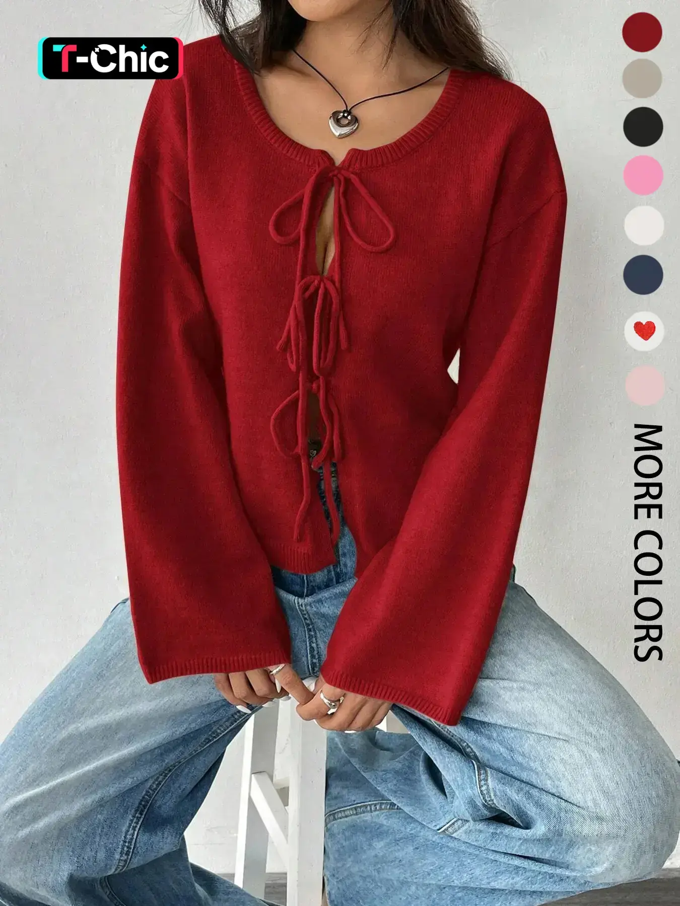 Women's Solid Tie Front Drop Shoulder Cardigan, Casual Basic Long Sleeve Round Neck Jumper for Fall & Winter, Fashion Ladies' Knitwear Tops Fit for Daily Wear, Womenswear, Garment, Piece