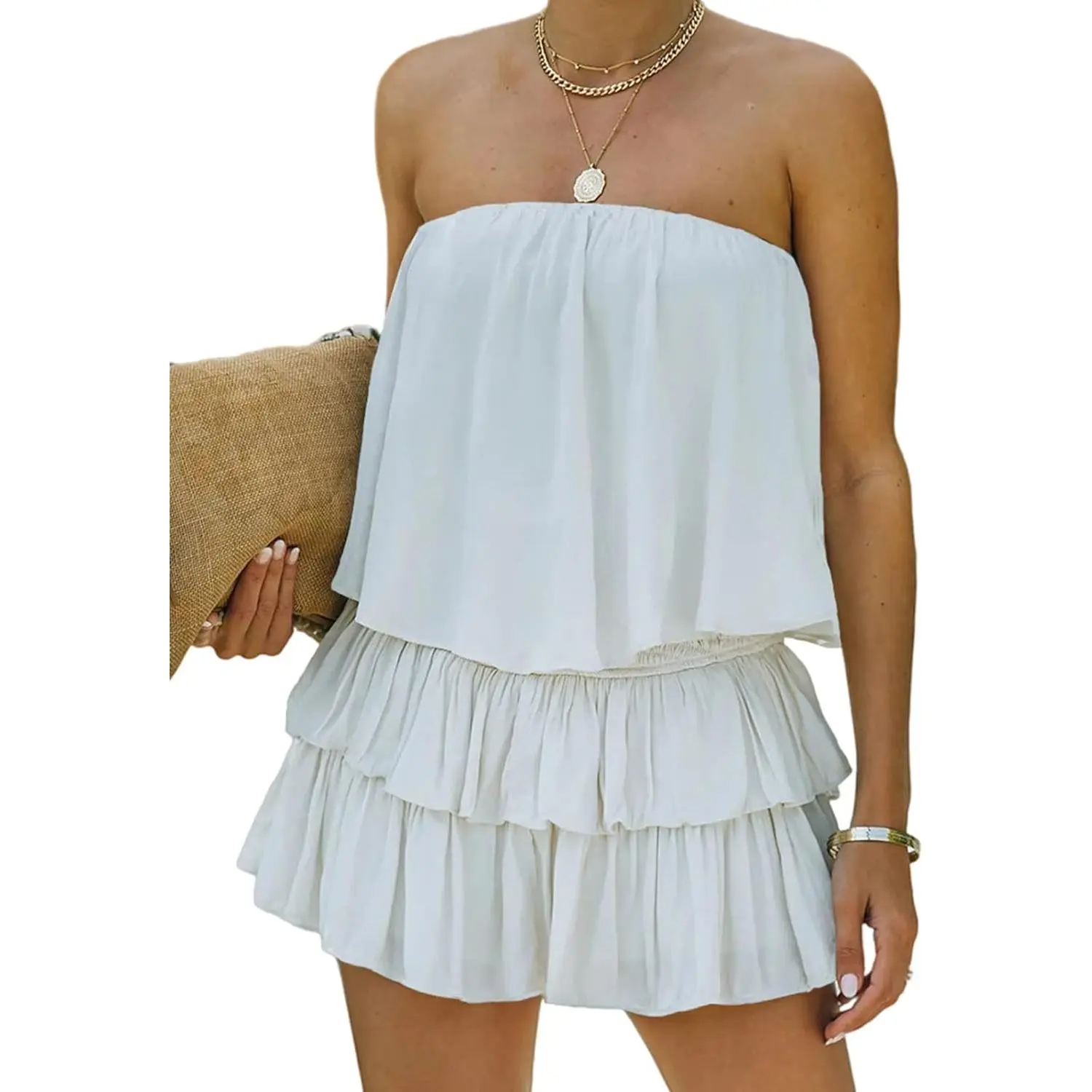 Women's Cute Off-the-Shoulder Smocked Sleeveless Romper with Flowy Dress Overlay - Lady's Summer Casual Formal Wear for Birthday Party, Wedding, Perfect Gift for Mother, Rompers For Women, Beach, Polyester, Strapless, Off Shoulder, Short, Daily, Bare Shou
