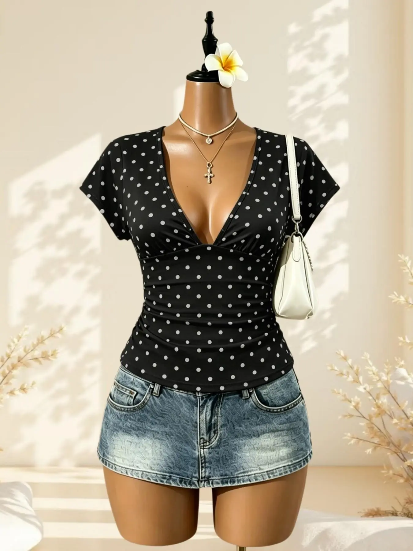 American Style Deep V Stretch Slim Fit Short Sleeve Top, Body Hugging Tops, Soft Skin-Friendly High Waist Slimming Streetwear Daily Wear Shirt, Single Piece