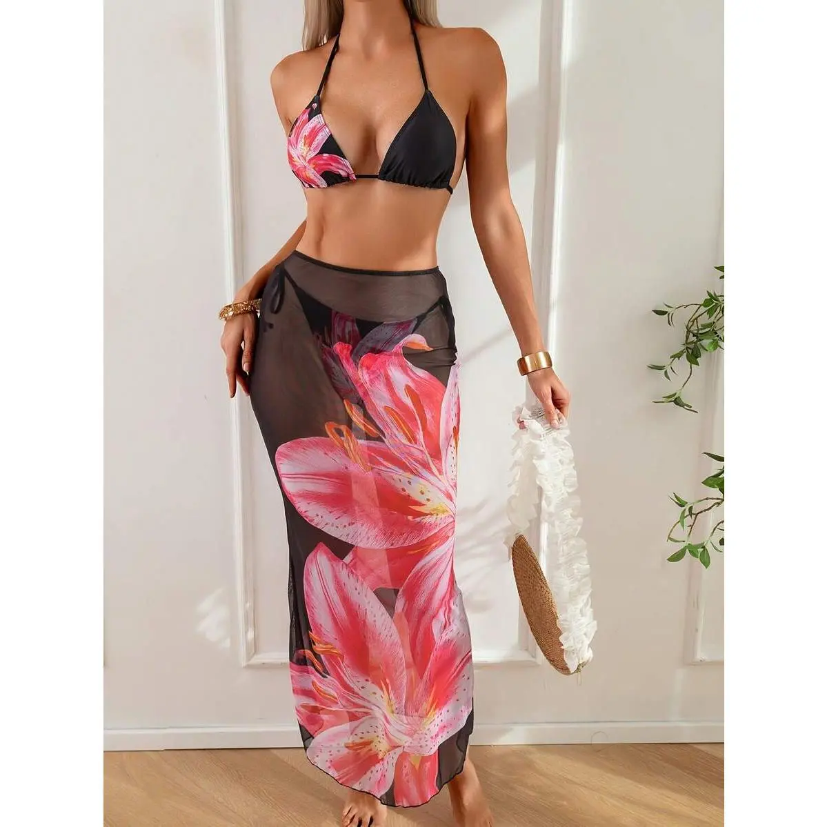 Women's Black 3-Piece Bikini Sets, Bold Large-Scale Pink Lily Graphic Print Halter Triangle Top & Semi-Sheer Lightweight Mesh High-Waist Adjustable Tie Maxi Skirt Cover-Up, Women's Summer Beach Vacation Swimwear, Swimsuit For Women
