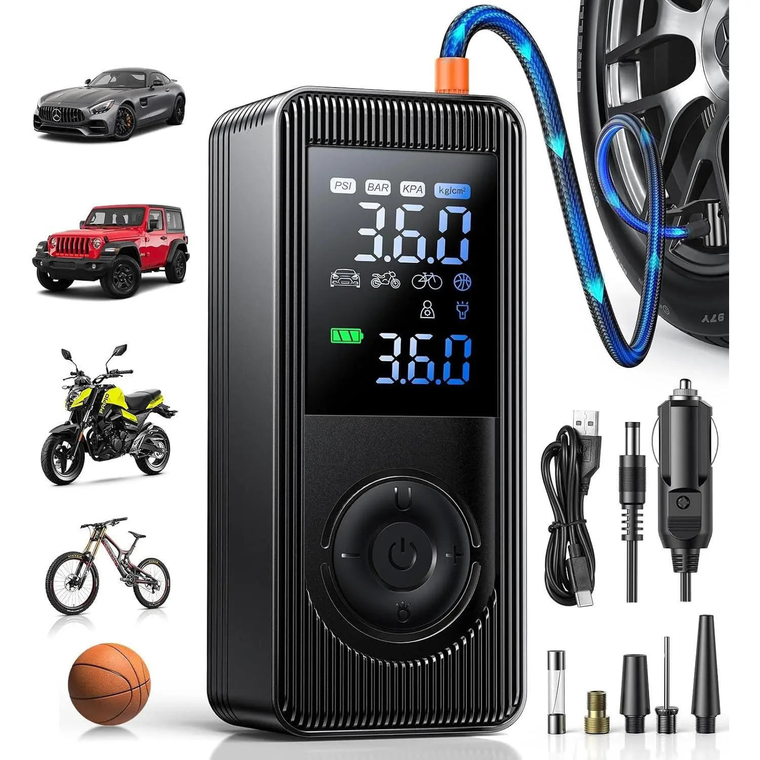 Portable Tire Inflator Air Compressor - 150 PSI, 4X Fast Inflation, Rechargeable Battery & 12V DC Powered Air Pump for Car, Bike, Motorcycle Tires & Balls with LCD Display and LED LightGift