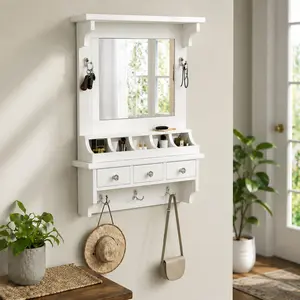 White MDF Pre-Assembled Wall-Mounted Compartment Mirror Cabinet - Drawer Set with 3 Drawers, 5 Pockets, 5 Hooks, Full-View Arched Mirror, Space-Saving Entryway Organizer for Small Rooms, Compartment Mirror Cabinets, Drawer Set Mirror Cabinets