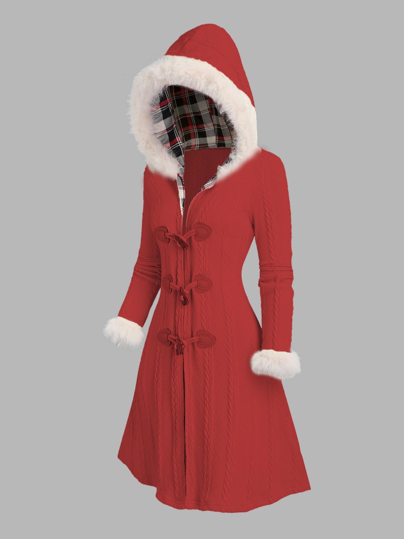 Women's Plain Contrast Faux Fur Trim Button Front Hooded Jacket Coats, Casual Long Sleeve Outerwear for Fall & Winter, Ladies Clothes for Daily Wear