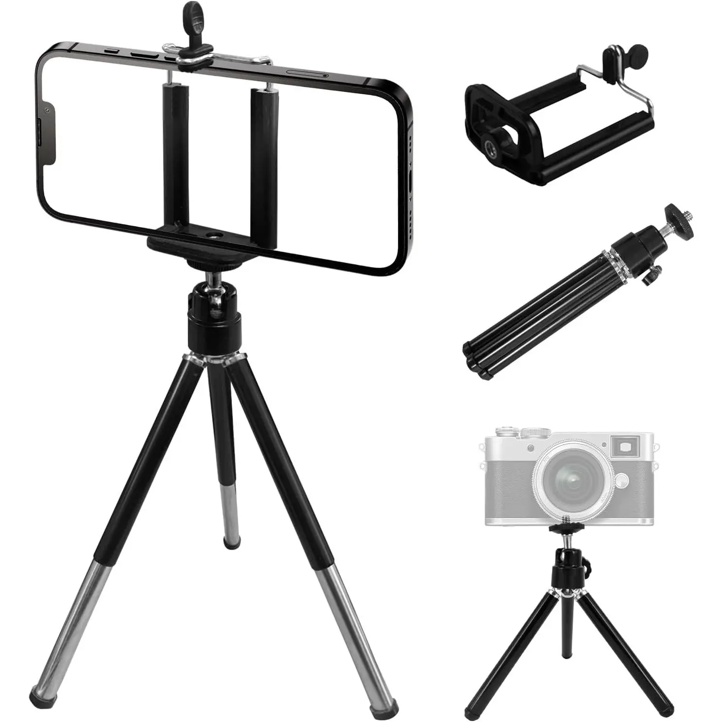 Mini Portble Extendable Phone Tripod Stand with Clip, 360° Ball  Desktop Tripod Compatible with  Cellphone  for Vlogging, Travel, Video Recording (Black)