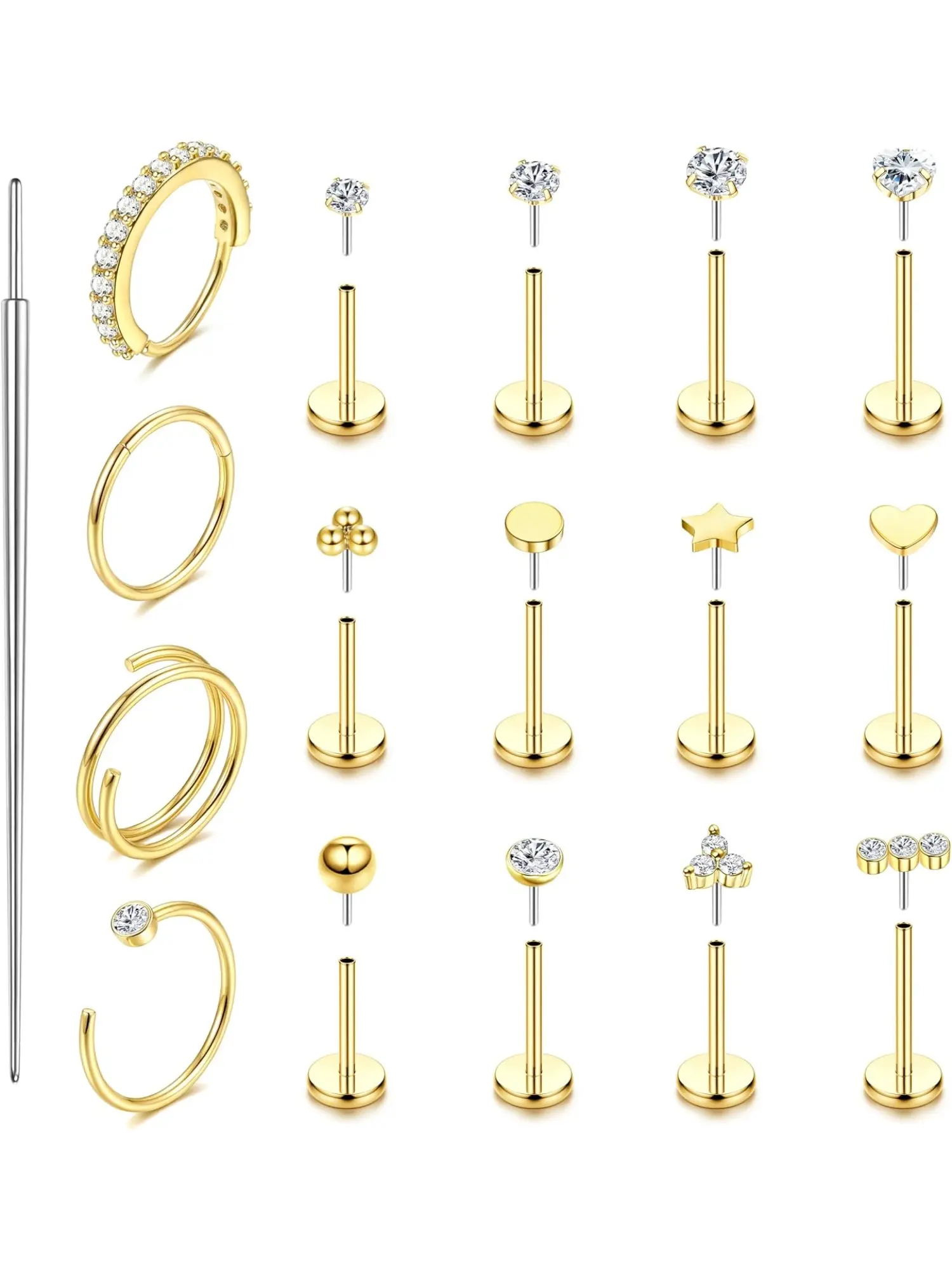 Gold Threadless Flat Back Earrings, Hypoallergenic Nose Ring Studs & Hoops, Trendy Cartilage Tragus Piercing Jewelry For Women