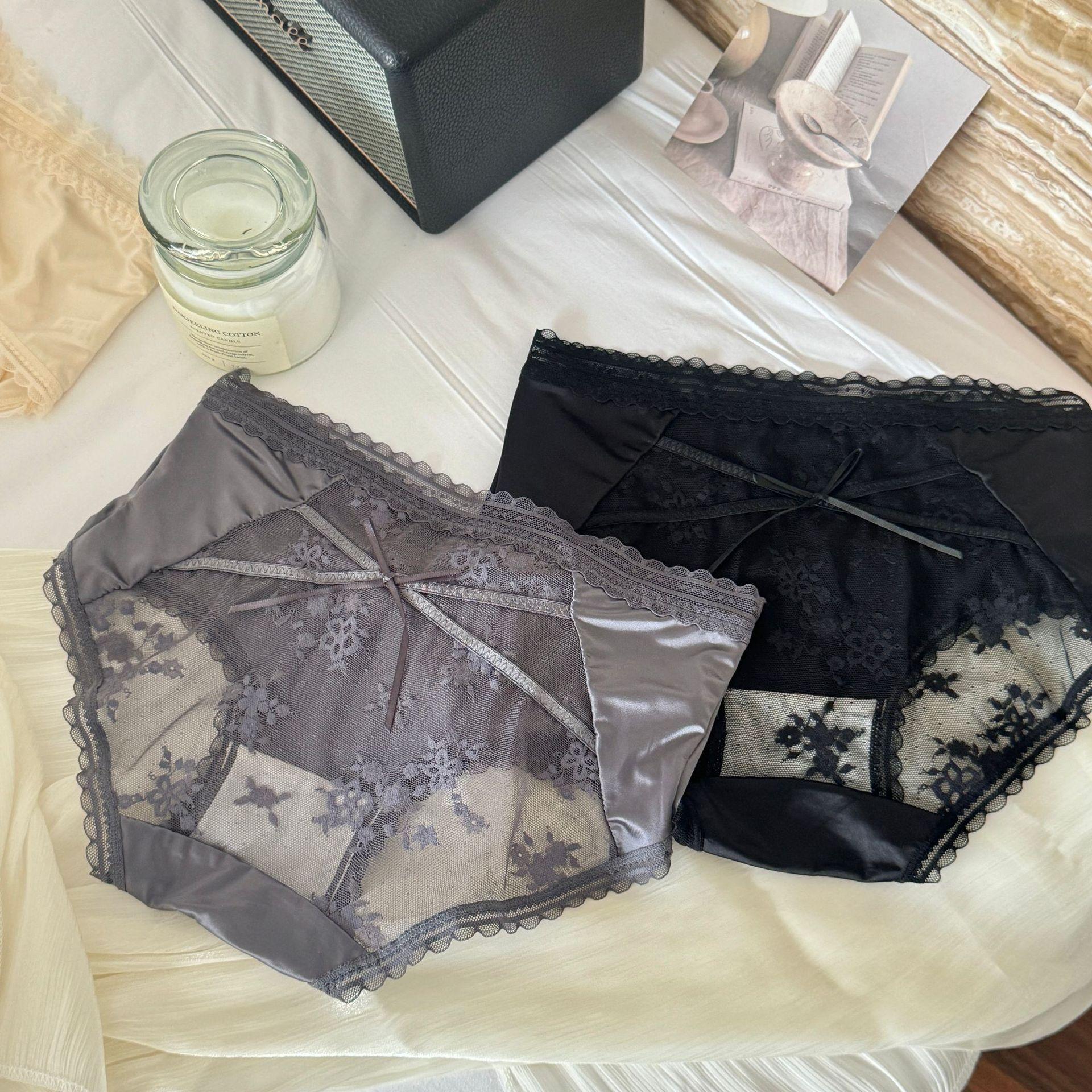 French Style Pure Desire Transparent Girl Mid-Waist Bow Lace Silk Cotton Crotch Panties Women Thin Summer