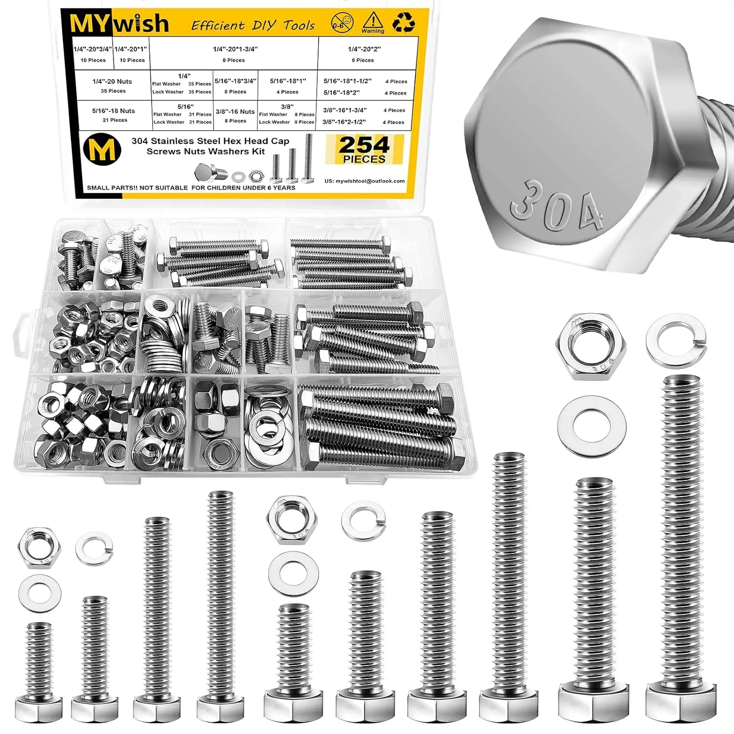 Mywish 254Pcs Nuts and Bolts, 1/4 20 5/16 18 3/8 16 Bolt, Heavy Duty 304 Stainless Steel Bolts and Nuts Kit with Flat Spring Washers, Includes 10 Common Sizes, Fully Threaded
