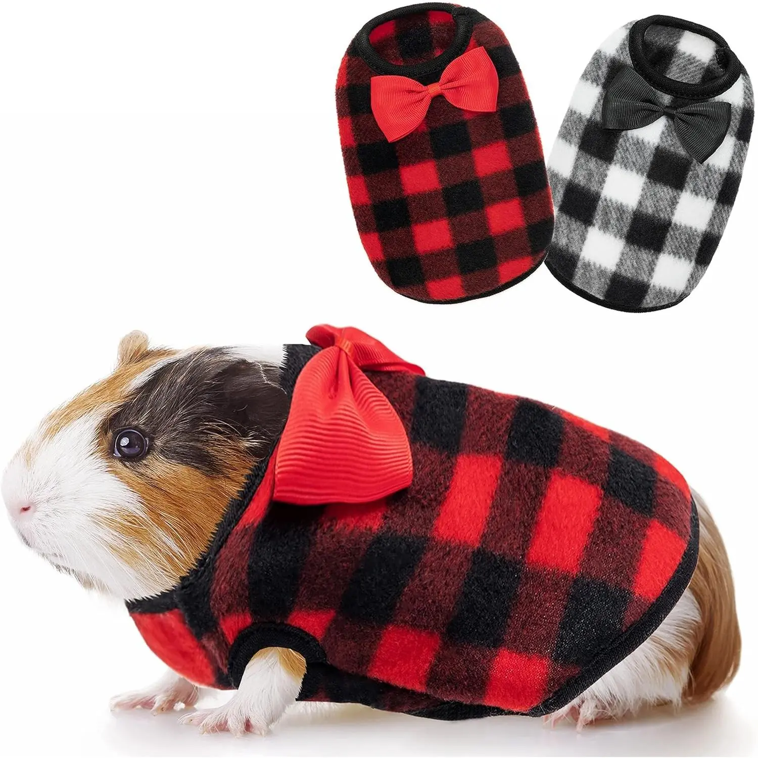 Checkered Plaid Fabric Warm Small-Fit Pet Costume with Cute Bow Tie, 2 Sizes for Small Animals (Guinea Pig, Rabbit, Ferret, Chinchilla) & Mini Pets (Kitten, Chihuahua) for Winter, Fall