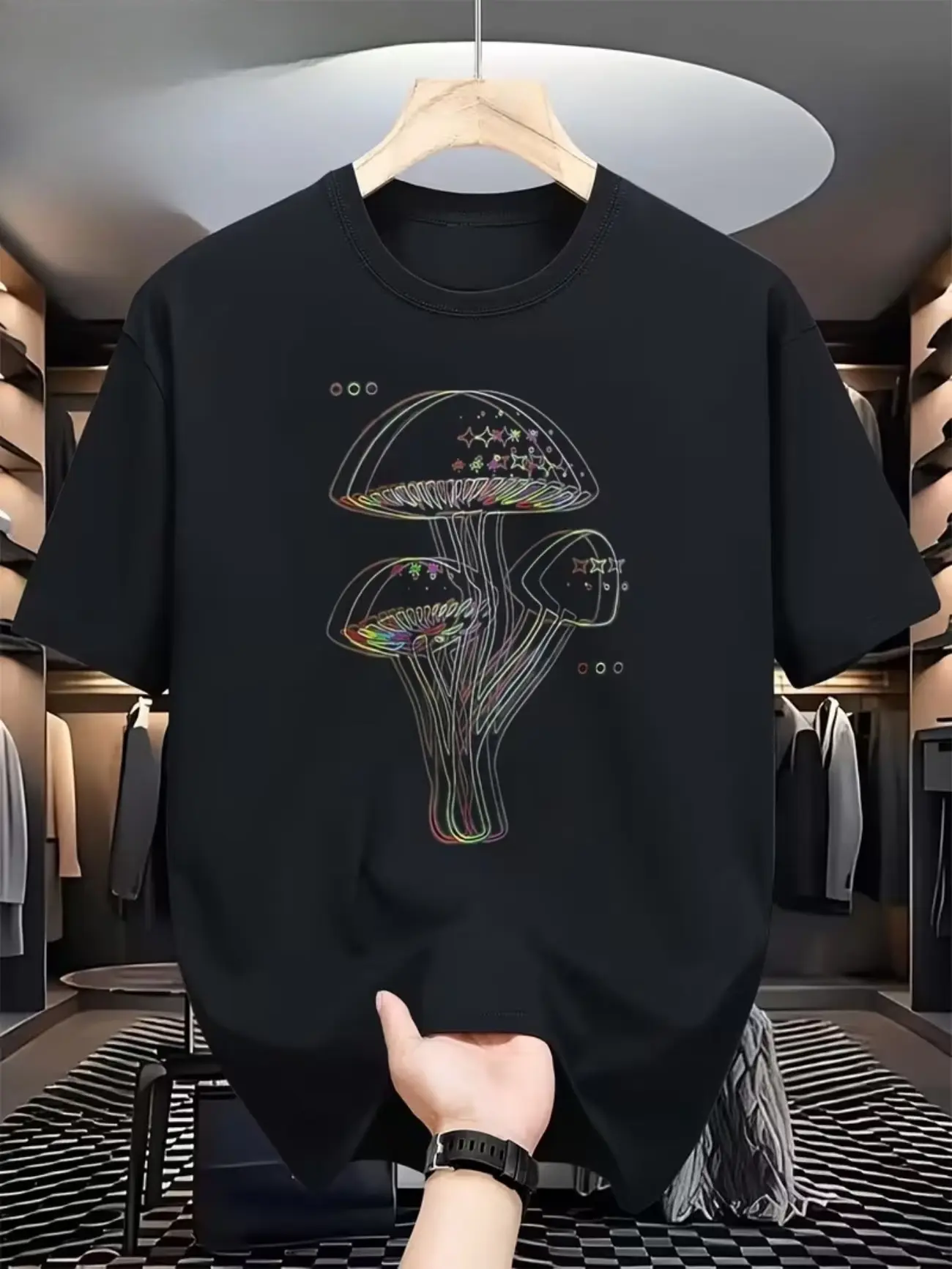 Men's Oversized Cotton Casual Short-Sleeve T-Shirt - Neon Magic Mushroom Line Art Graphic, Colorful Menswear Tops, Summer Comfort Outfit, Unique Valentine Gift for Art Lovers