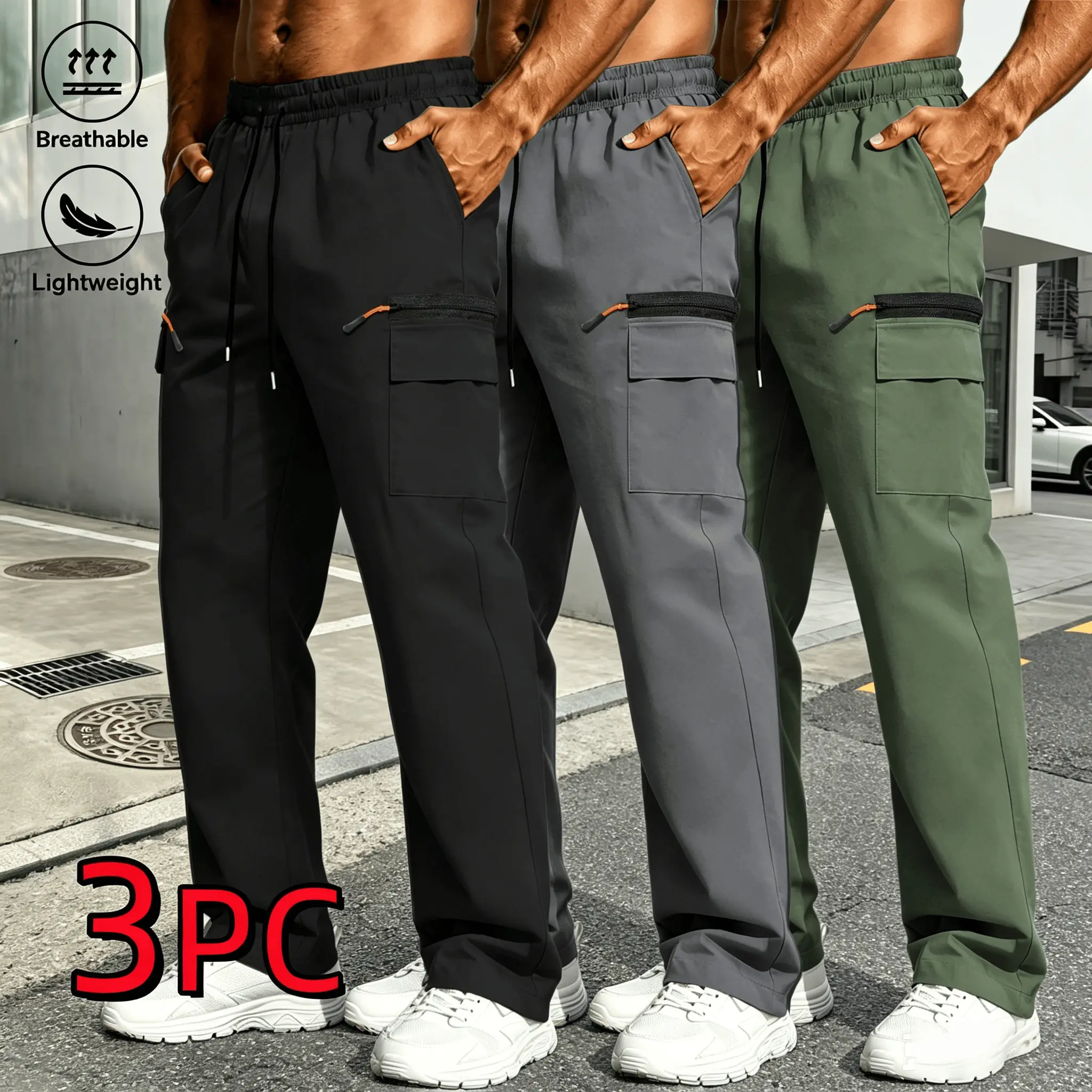 3PC Solid Color Men's Lightweight and Breathable Work Pants - Soft and Lightweight, "quick Drying, Cool Fabric, Multi Pocket Design, Spacious Space, Orange Zipper Storage Pocket, Loose Straight Tube Version - Suitable for Beach Strolls