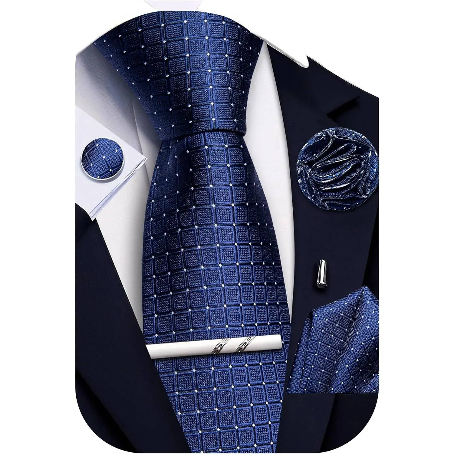 Solid Plaid Checkered Tie Set for Men Silk Necktie Pocket Square Handkerchief Cufflinks Lapel Pin Tie Clip 5PCS