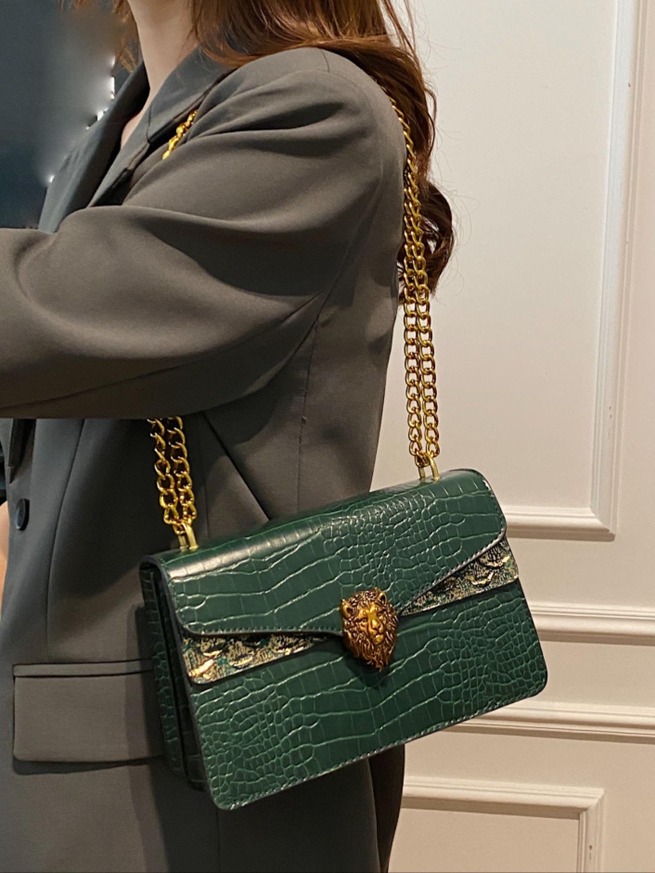 Women's Elegant Crocodile Embossed Crossbody Bag, Fashion Lion Head Decor Shoulder Bag for Daily Used, Casual Trendy Versatile High-quality Daily Commuting Bag, Chain Crossbody Bags