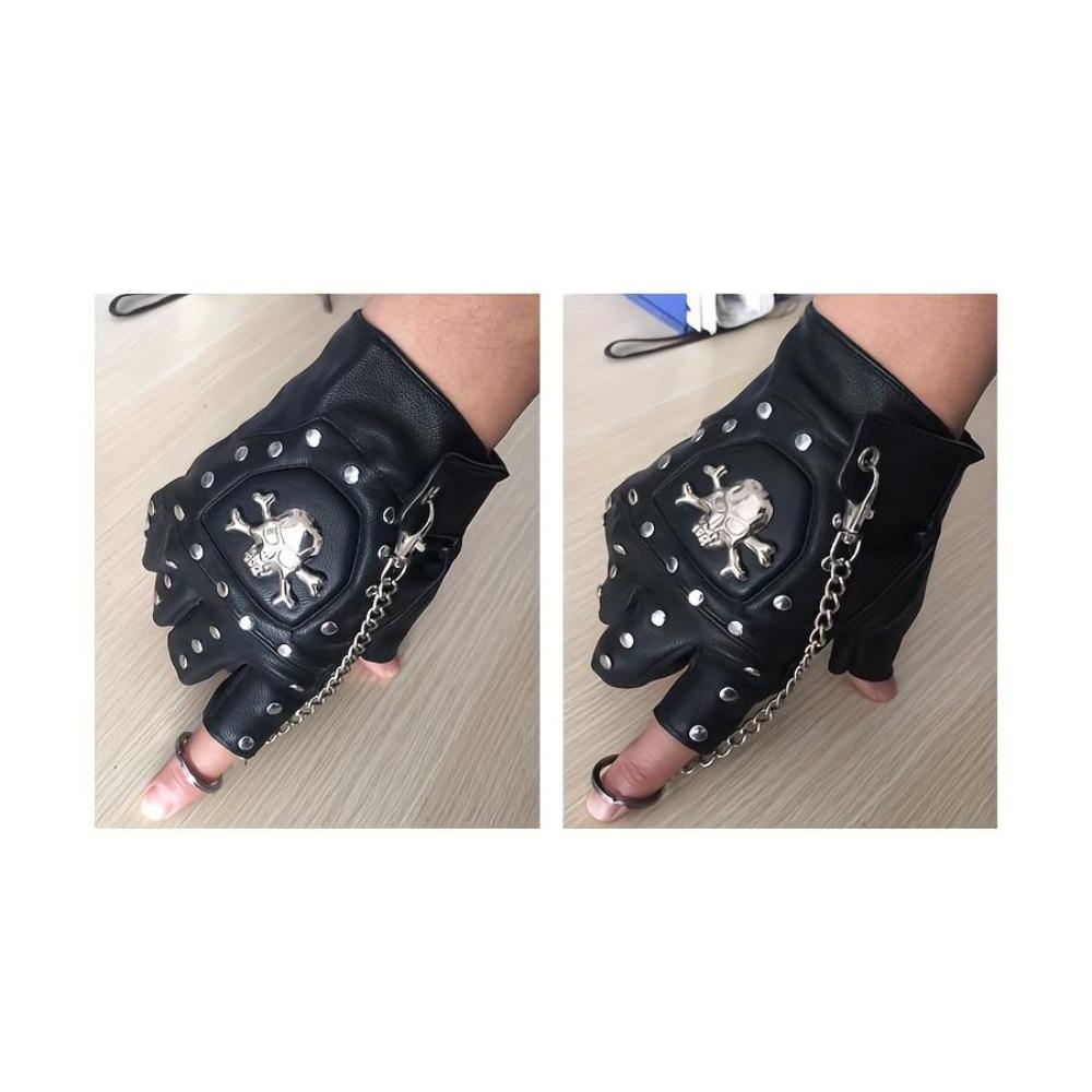 Men's Skull Half Finger Leather Gloves, Punk Rivet Chain Design, Anti-Slip Outdoor Sports & Motorcycle Riding Gloves, Novelty Pirate Style Performance Gloves
